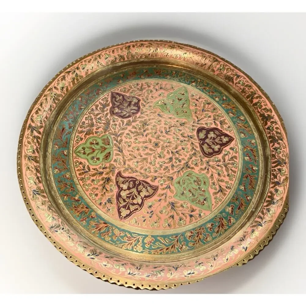Vintage Brass Enameled Design Meenakari Serving Tray Round Decorative 12”